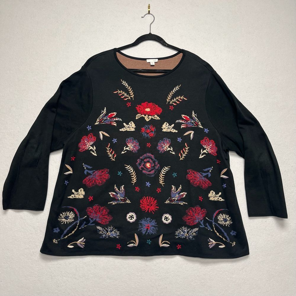 J. Jill Embroidered Floral Top Long Sleeve Crew Neck Blouse Black 4X